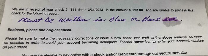 This Letter From My Hoa, Written In Purple Ink, Telling Me They Rejected My Check Because It Was Written In Purple Ink
