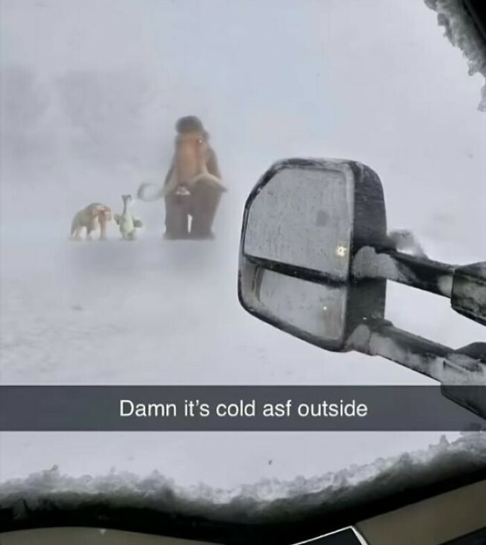 Side mirror of snowy car with blurred Ice Age characters in cold scene, weird side of the internet humor.