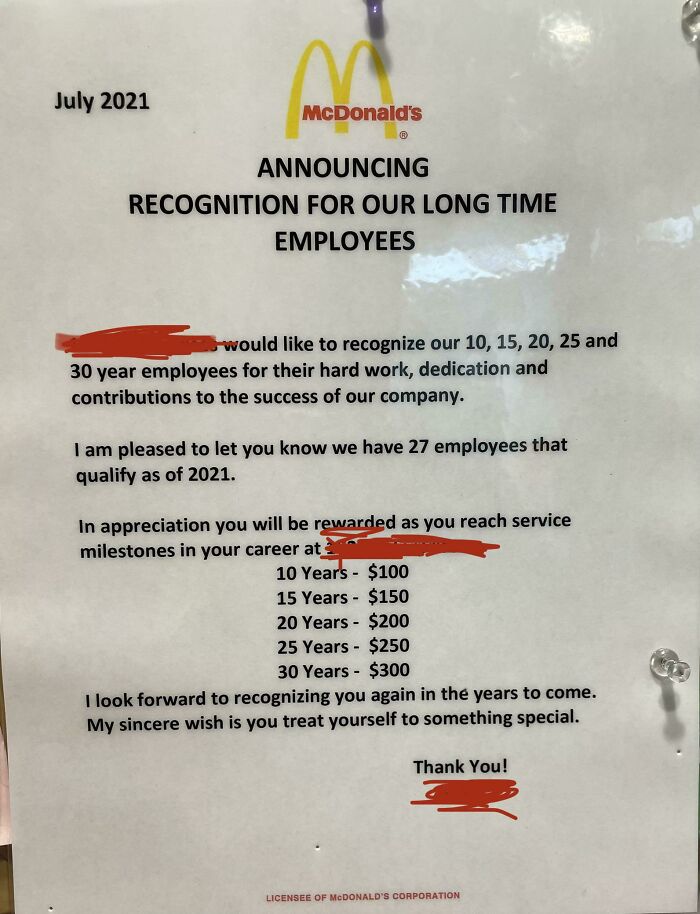 Employee recognition notice listing company gifts and bonuses for long-term service milestones.