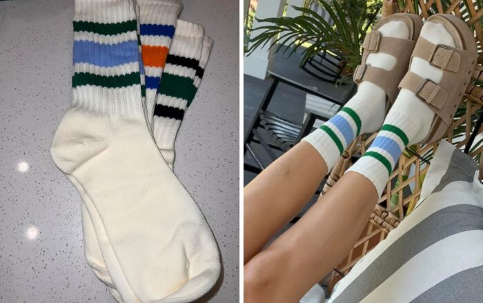 Pair of white retro socks with colorful stripes, worn with beige sandals, perfect for old soul vintage style enthusiasts.