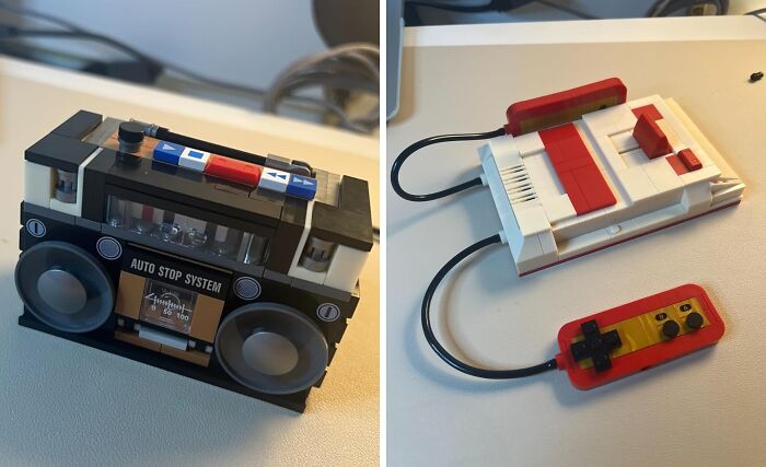 Retro Fever: A Lego boombox replica and a vintage gaming console model with controller.