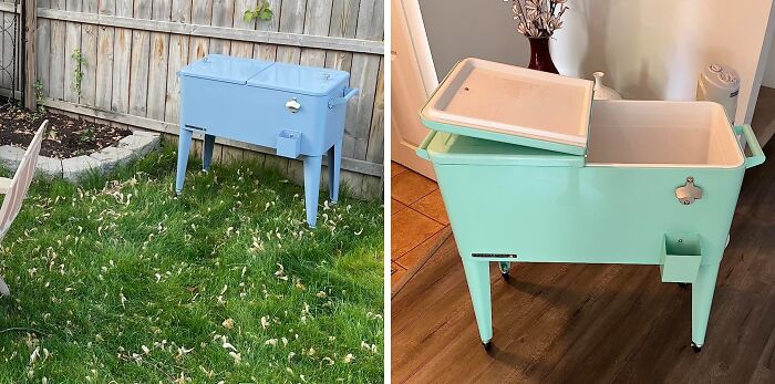Vintage retro cooler in blue, perfect for outdoor gatherings, showcasing timeless old soul charm and classic design nostalgia.