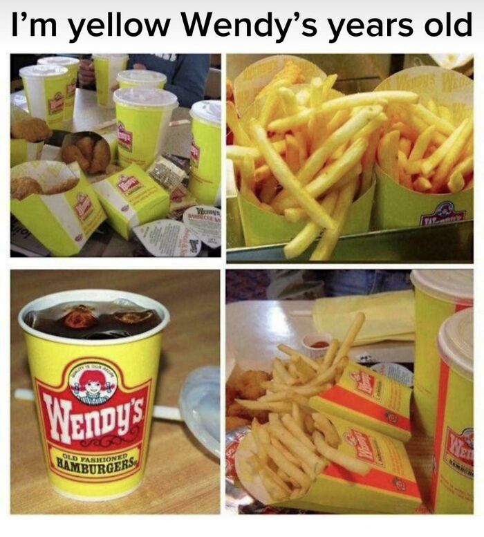 Yellow Wendy's packaging and food items reminiscent of childhood memories.