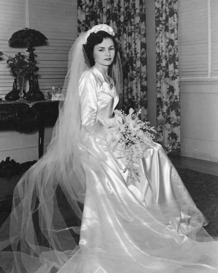 My Mother, 20, Posing In Her White Satin Gown On Her Wedding Day. 1947