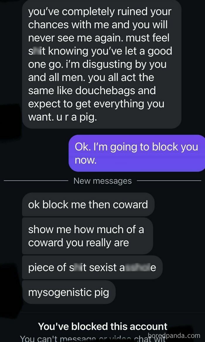 Text conversation showing intense and confrontational messages, including blocking threats.