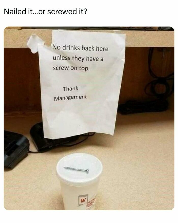 A s***w sits on a drink lid, humoring dad jokes about rules.