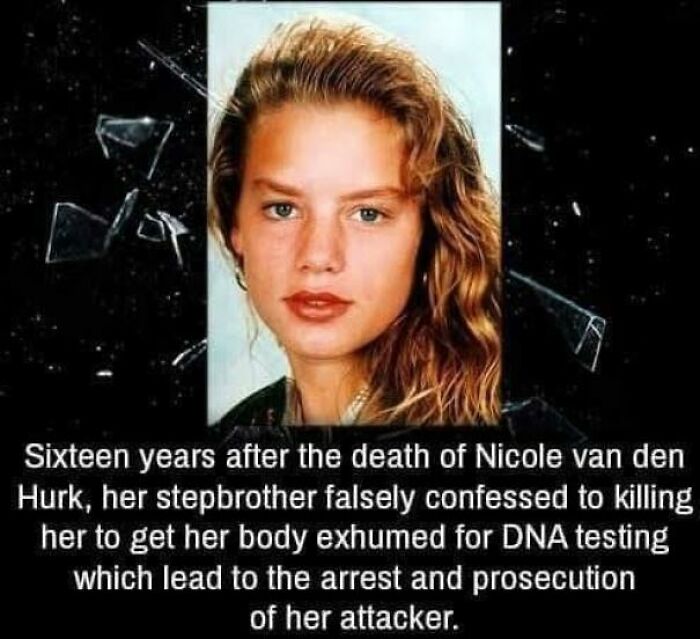 Portrait of a young woman with text about true crime story involving confession, DNA testing, and prosecution.