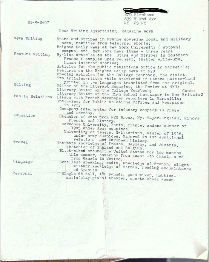 My Grandfather Just Passed Away At 100 Years Old. Found His Resume From 1946 (Just Home From The War) Among His Things…
