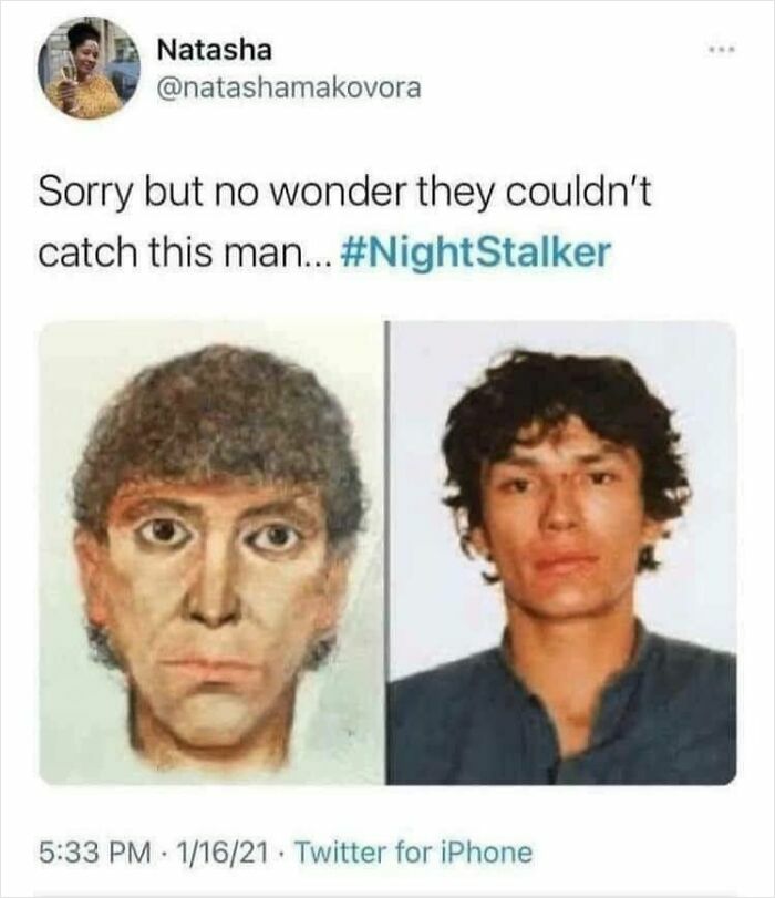 True crime comparison of a sketch and photo in a tweet about the Night Stalker case.