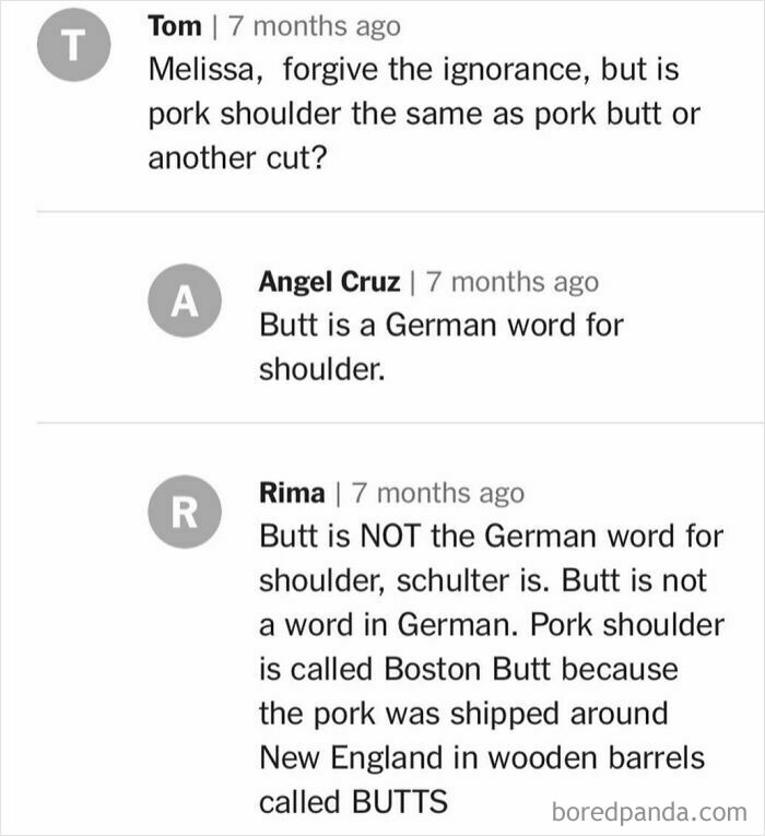 Comments discussing the difference between pork b**t and pork shoulder, with humorous corrections.
