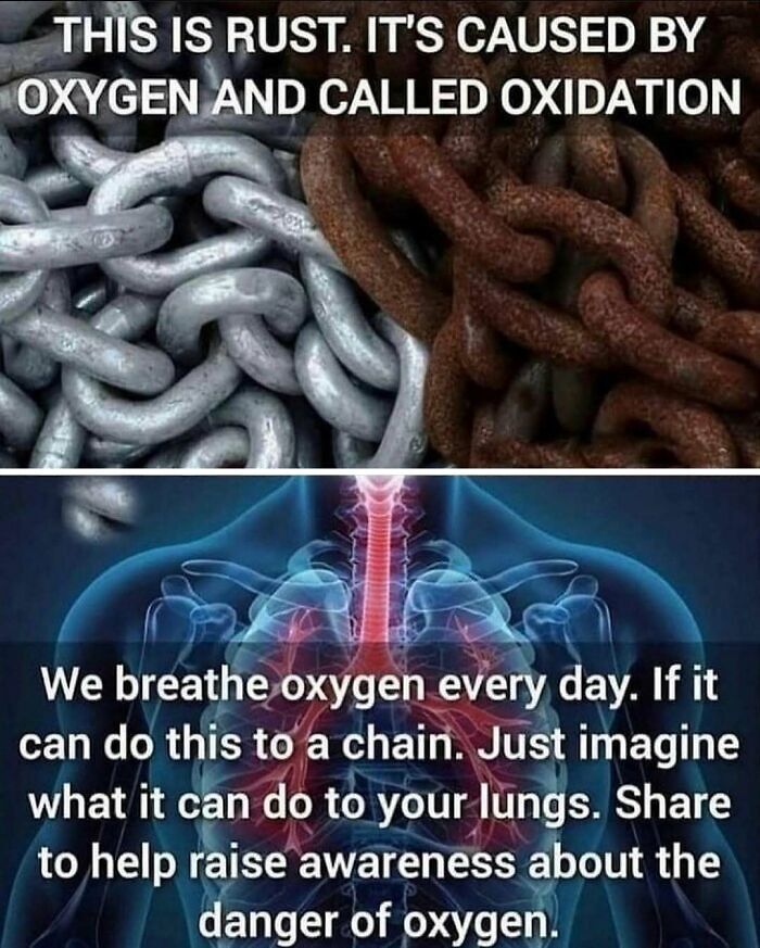 Rusty and new chains with humorous text about oxygen's effect; illustrates random memes concept.