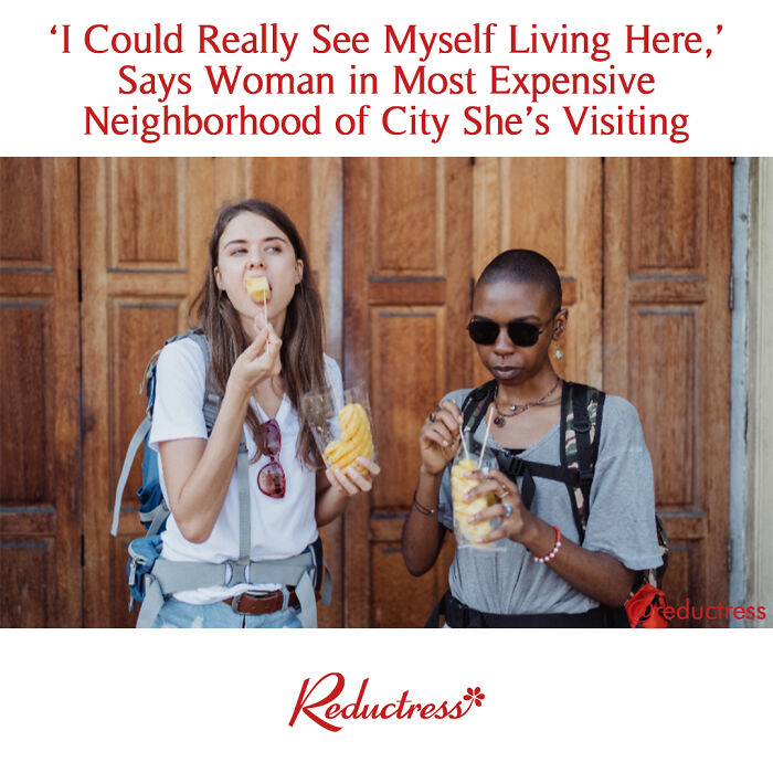 Two women enjoying fruit snacks while standing in front of a wooden door, illustrating funny fake article headlines.