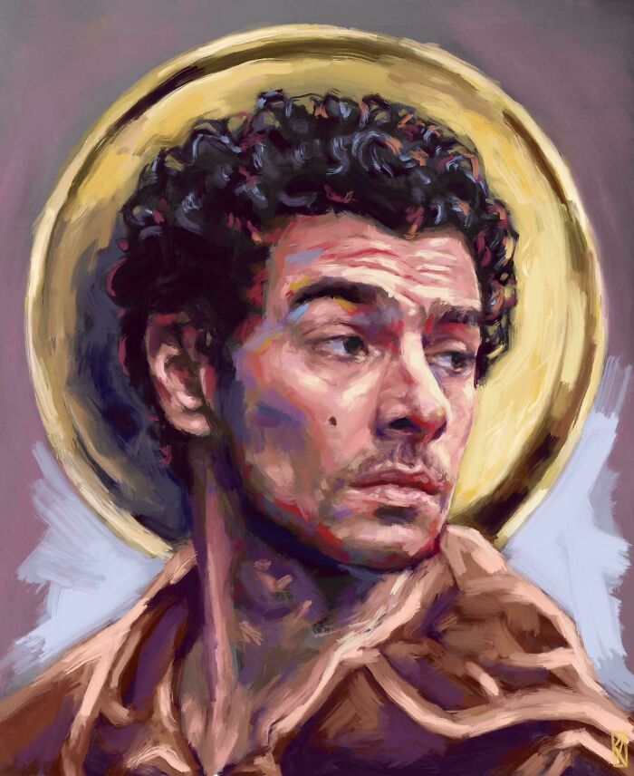 A DIY art project featuring a portrait with a halo effect, using vibrant brush strokes.