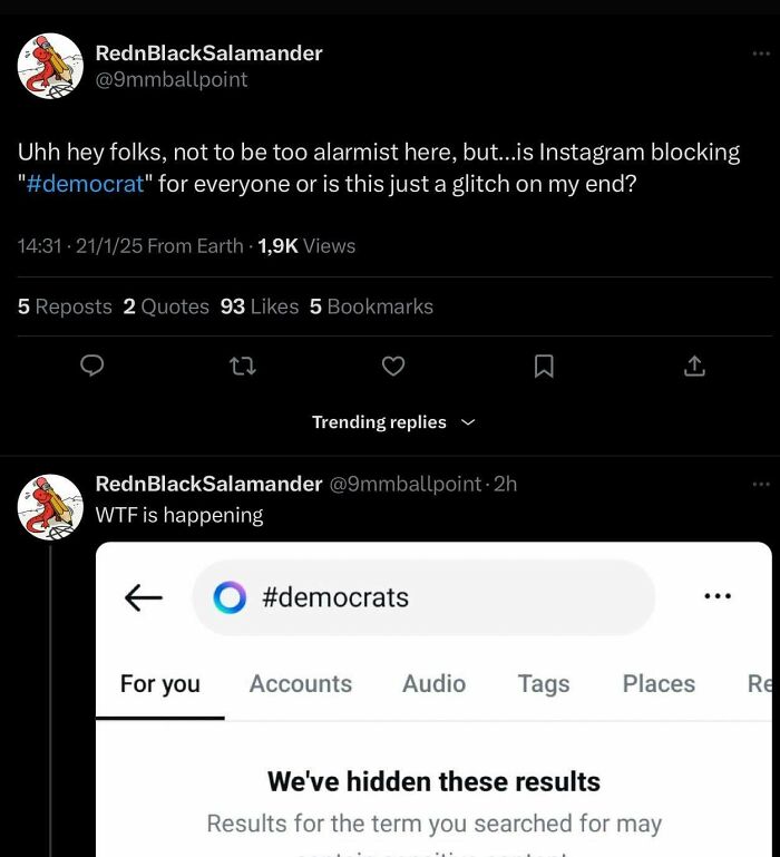 Screenshot of a White People Twitter post discussing Instagram blocking the hashtag democrat, highlighting social media issues.