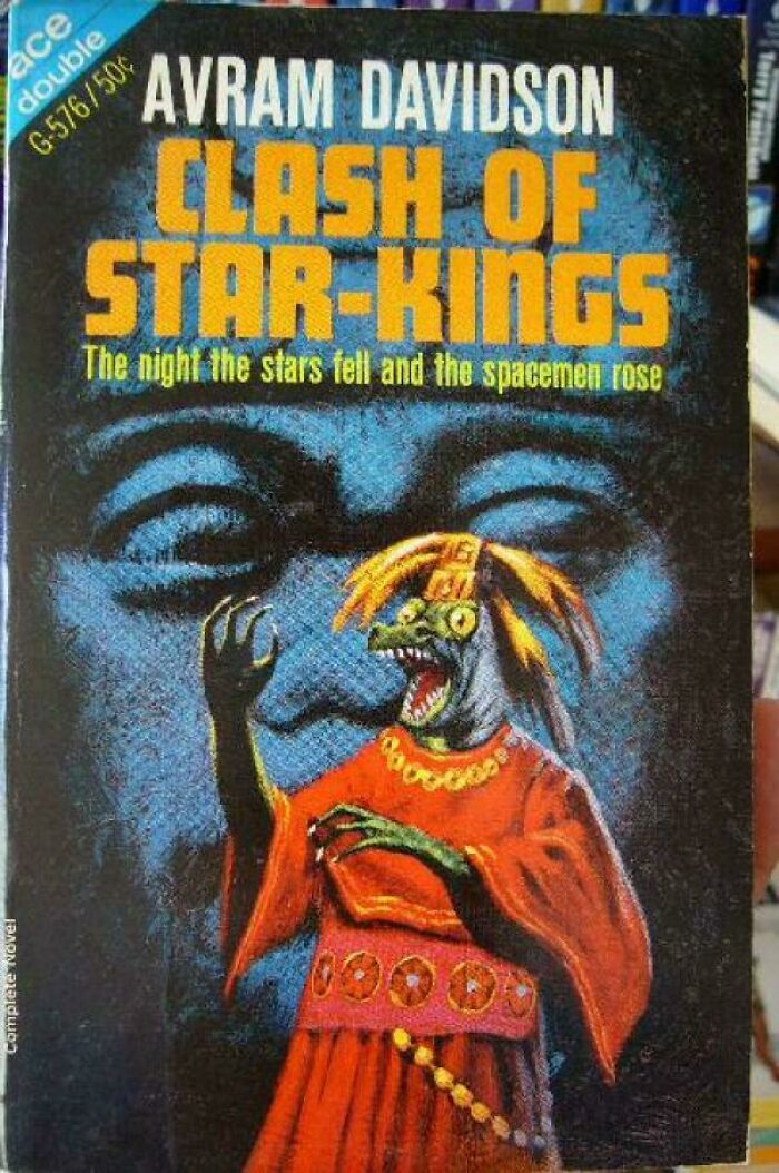 Terrible book cover featuring a creature in a red robe and scales, from "Clash of Star-Kings" by Avram Davidson.