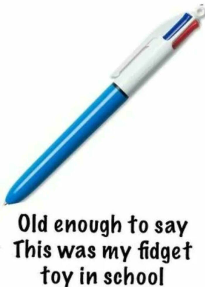 Blue and white retro pen with red and blue buttons, a nostalgic photo reminiscent of old school fidget toys.