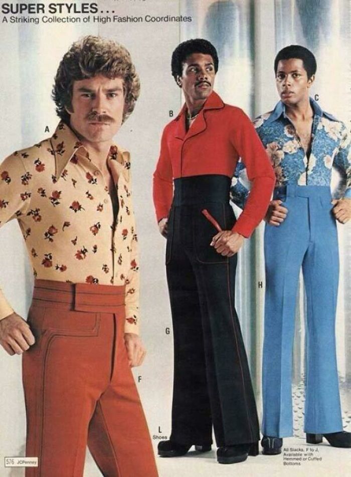 Three men modeling vintage 1970s fashion with bold patterns and high-waisted pants in a fascinating old image.