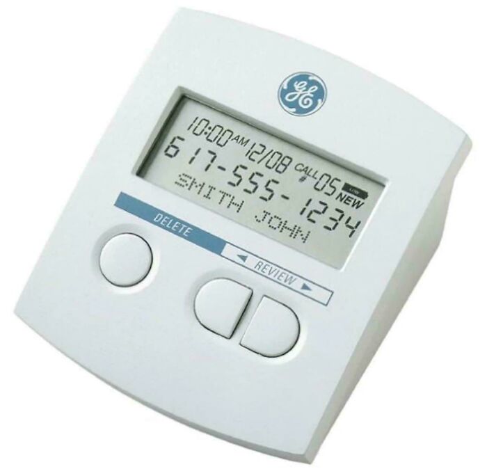 Caller ID display from the wild '90s era, showing a phone number and name on the screen.