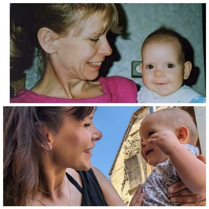 Side-by-side then vs now pics of a mother and baby showing their loving bond and growth over time.