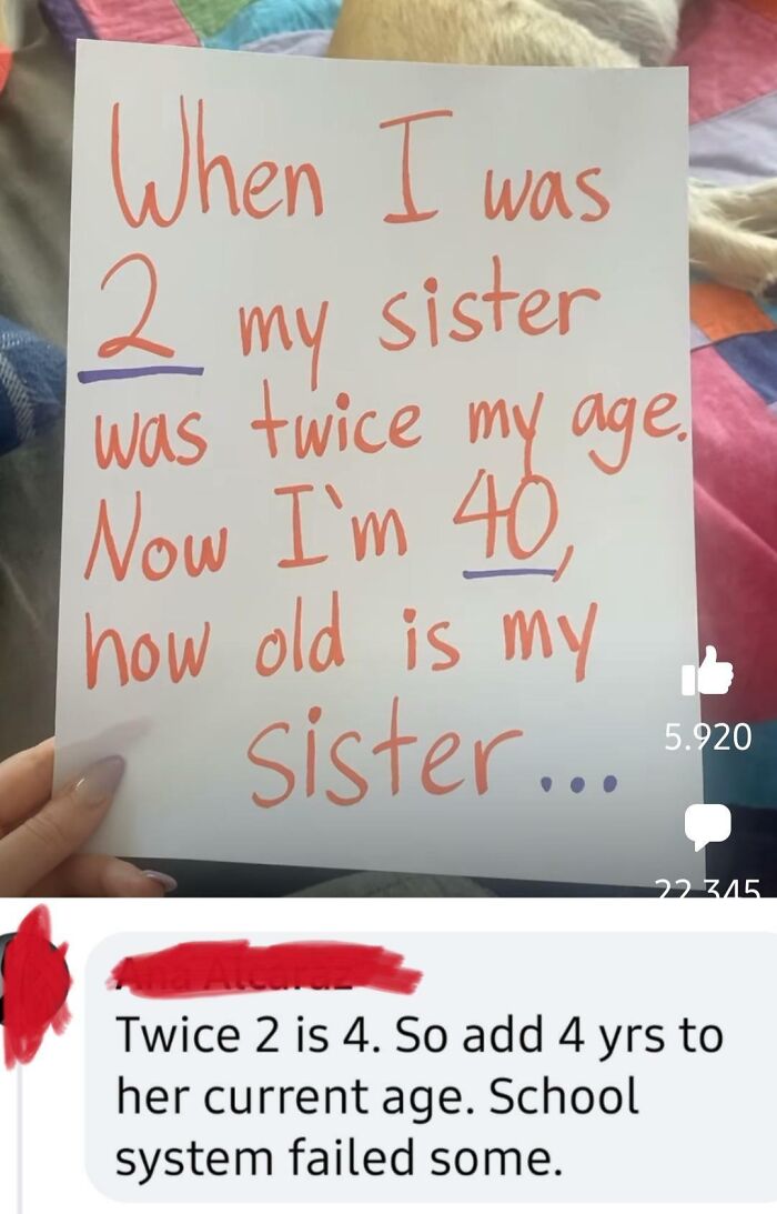 Handwritten math riddle with incorrect comment, illustrating a 2024 dumbest posts example.