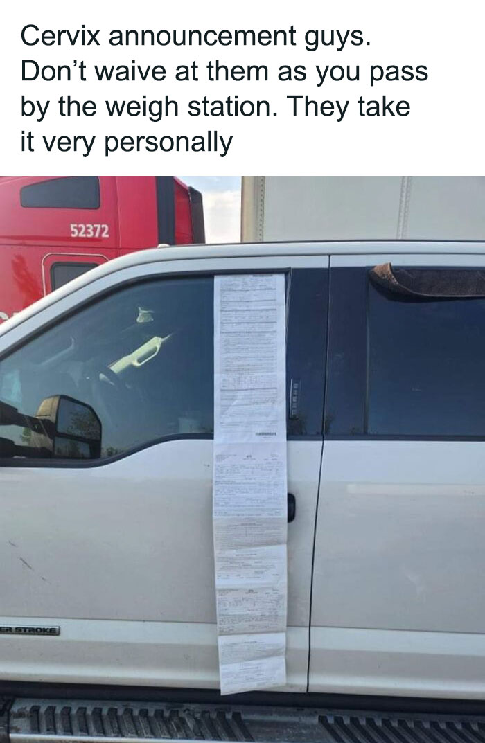 Truck door with long receipt-like paper attached; a humorous example of dumbest posts 2024.