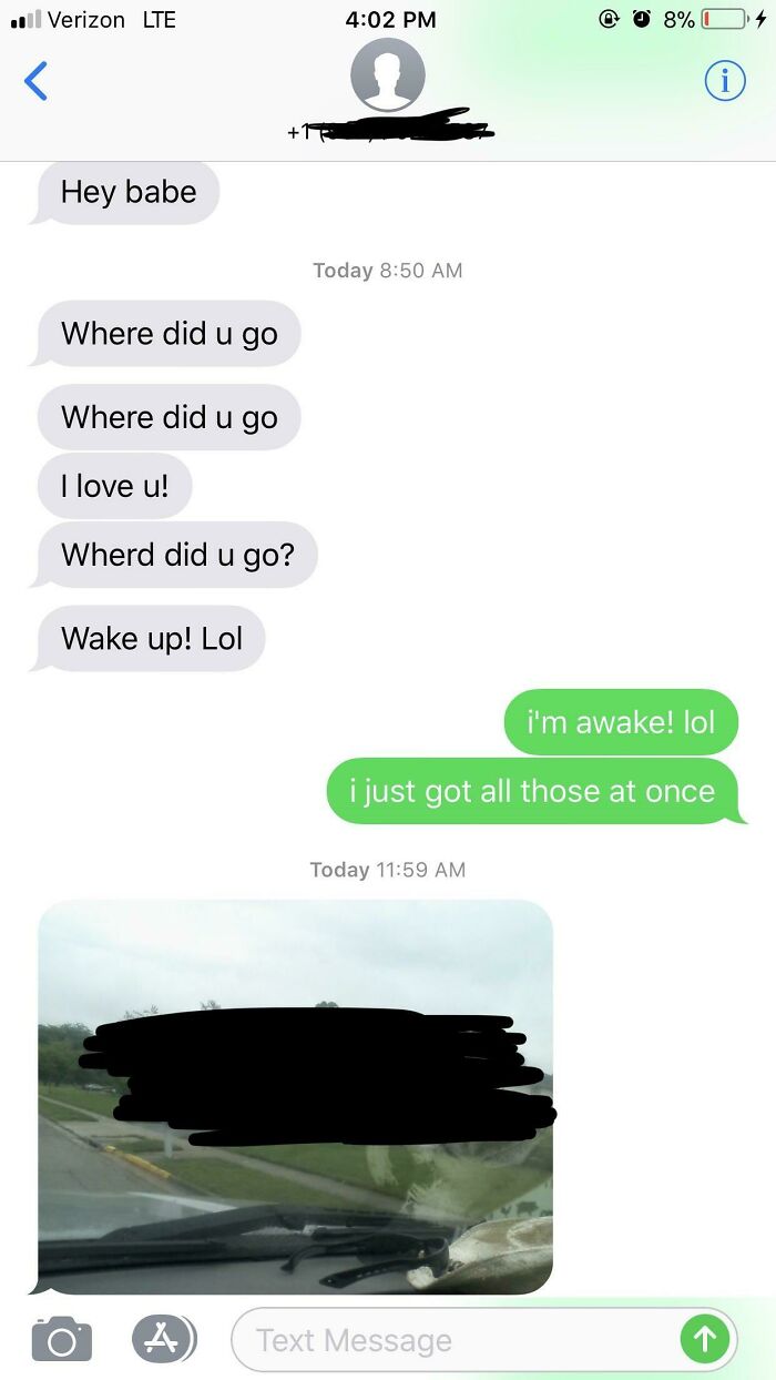 Chaotic dating app messages with frantic texts followed by an image of a blurred car view.