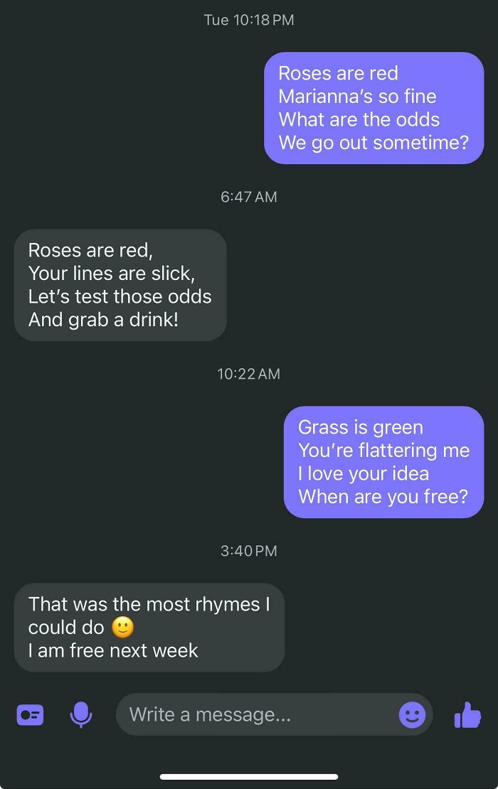 Chat with poetic rhymes leading to a date proposal, showcasing chaotic dating app messages.