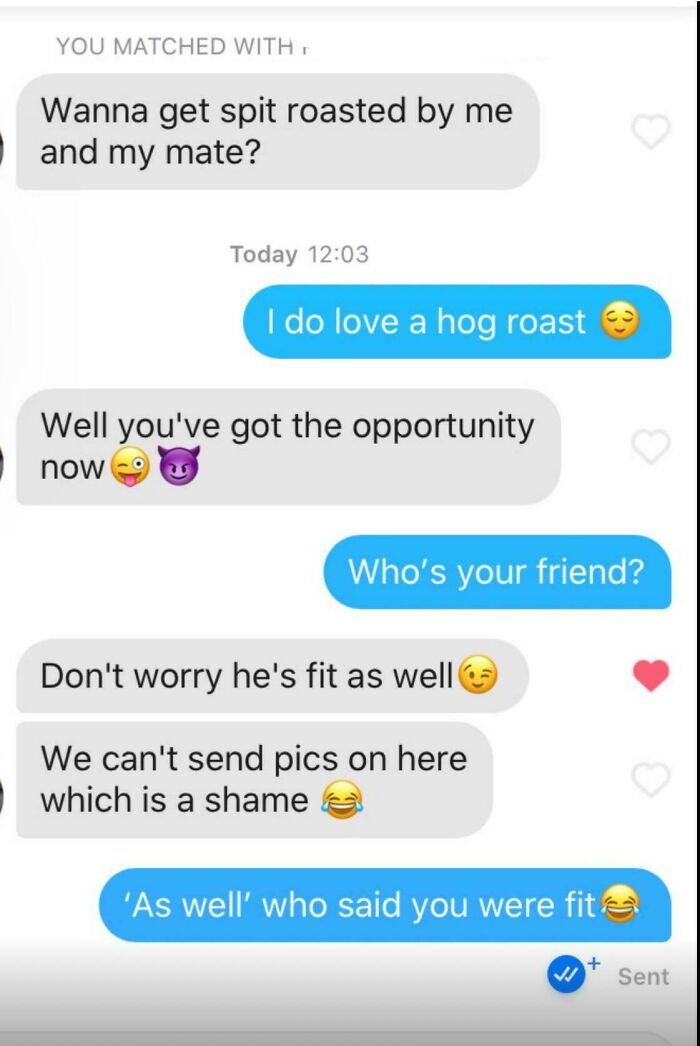 Chaotic exchange of unhinged messages on a dating app, involving a humorous conversation about a friend.