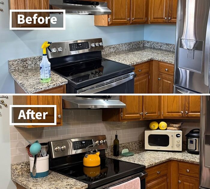 Before and after kitchen with renter friendly upgrades, featuring new backsplash and decor changes.
