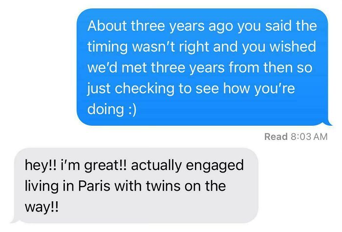 Chaotic dating app messages about life updates including engagement and twins on the way.