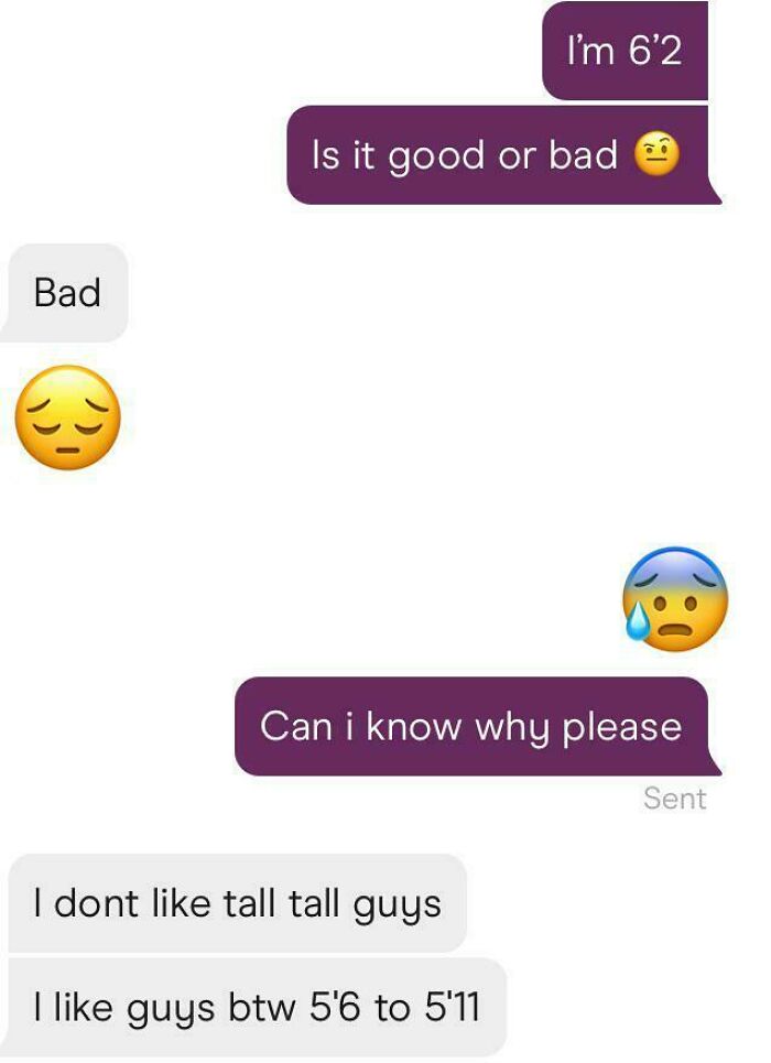 Dating app text exchange showing height preference, featuring a person saying 6'2" height is too tall.