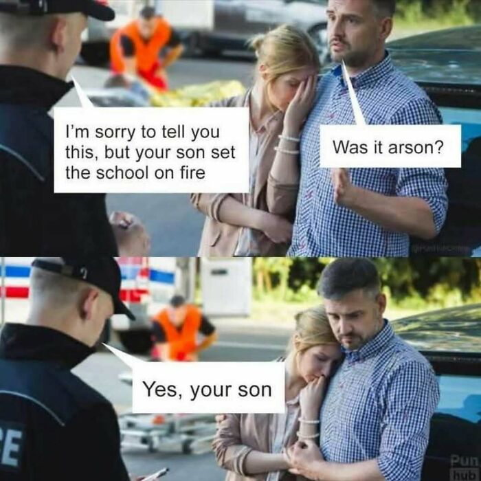 Officer talking to couple about son's school fire in humorous dad joke meme.