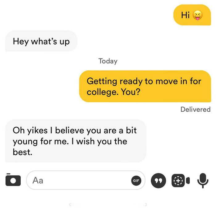 Unhinged dating app conversation about college plans and age difference.