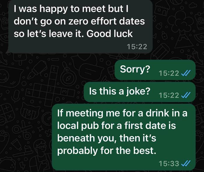 Text conversation with unhinged messages from a dating app about zero effort dates.