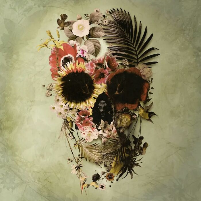 Digital and traditional collage creating floral skull artwork on green background.
