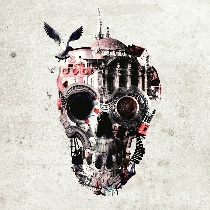 Skull artwork created using digital and traditional photo collage techniques, featuring architectural elements and a bird.