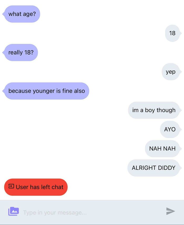 Chat screenshot showing chaotic dating app conversation, user exits abruptly.