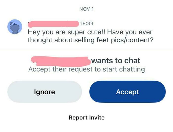 Dating app message asking about selling feet pics, with options to accept or ignore chat request.