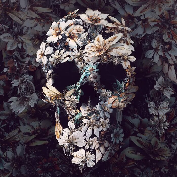 Floral skull artwork using digital and traditional photo collage techniques, blending painting and photography.