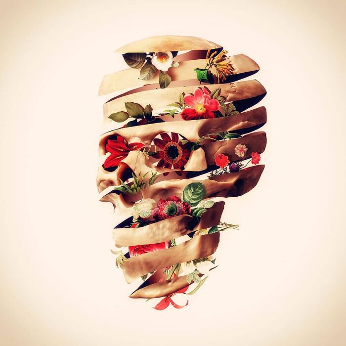 Skull artwork blending digital collage and photography with vibrant flowers and abstract elements.