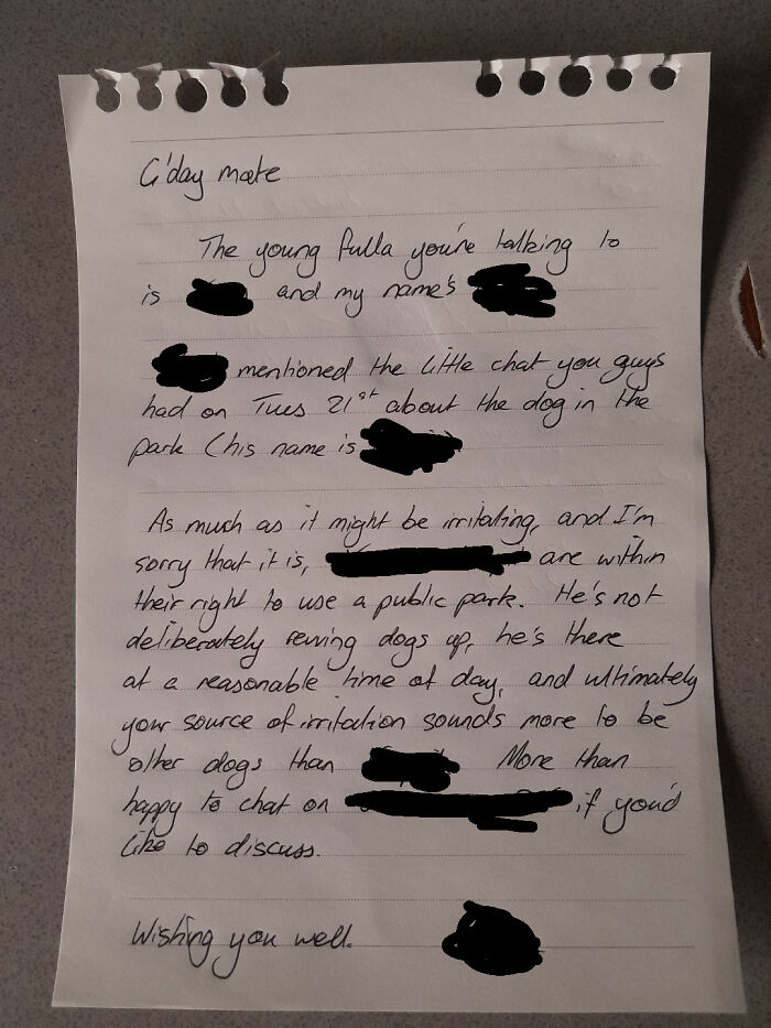 Handwritten letter from an Australian community member discussing a dog park issue.