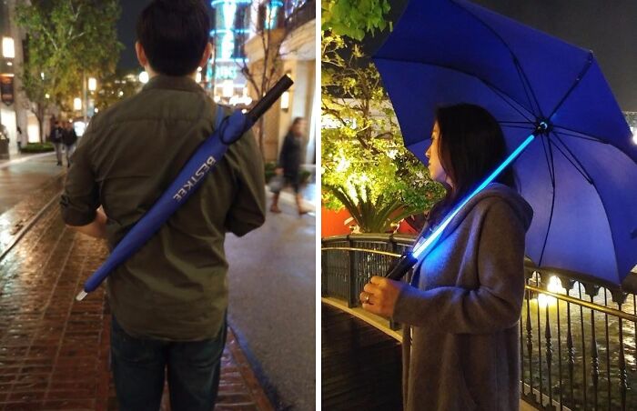 Man and woman with blue umbrellas featuring illuminated handles, showcasing tech finds.
