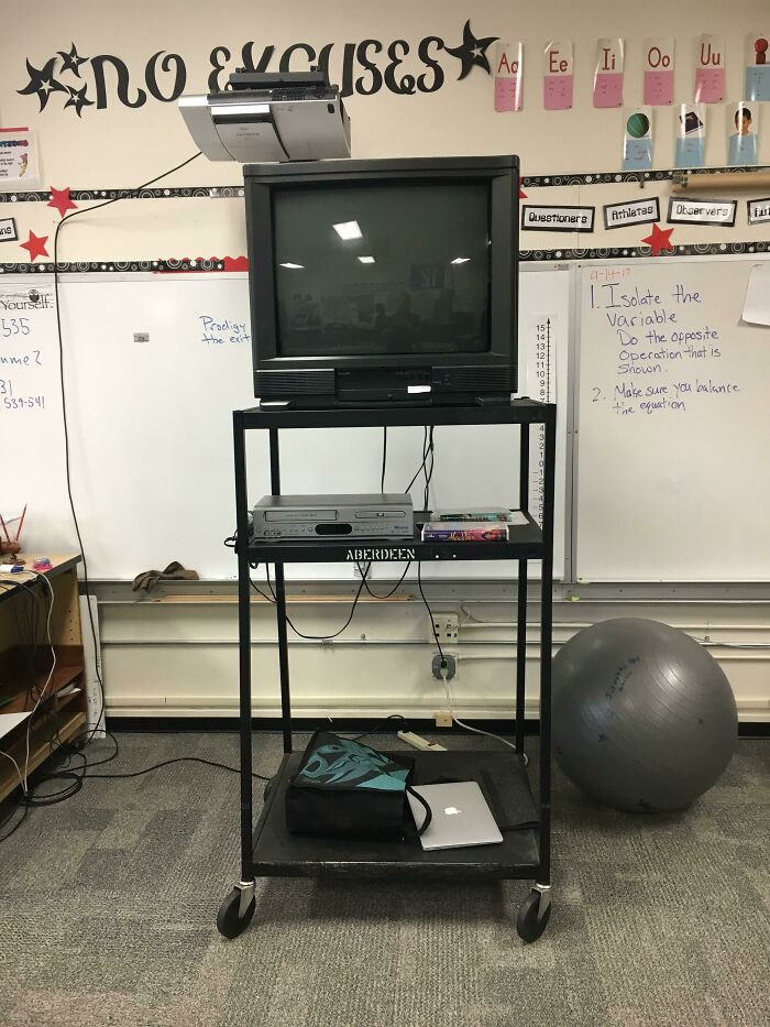 Old-school items include a CRT TV on a mobile cart with a DVD player, recalling classroom memories.