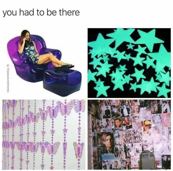 Nostalgic memes collage: inflatable chair, glow-in-the-dark stars, butterfly beads, and a wall of celebrity posters.