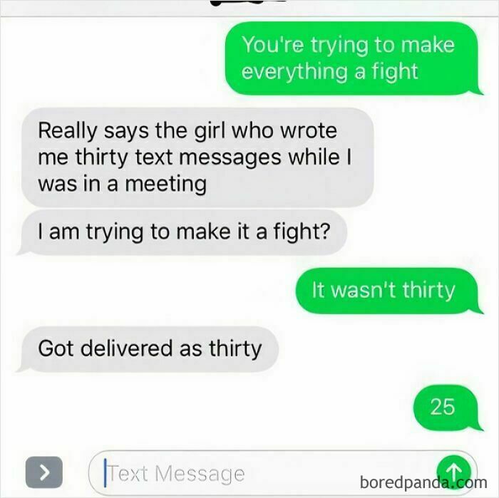 Text conversation humorously discussing sending 30 messages during a meeting, highlighting a misunderstanding.