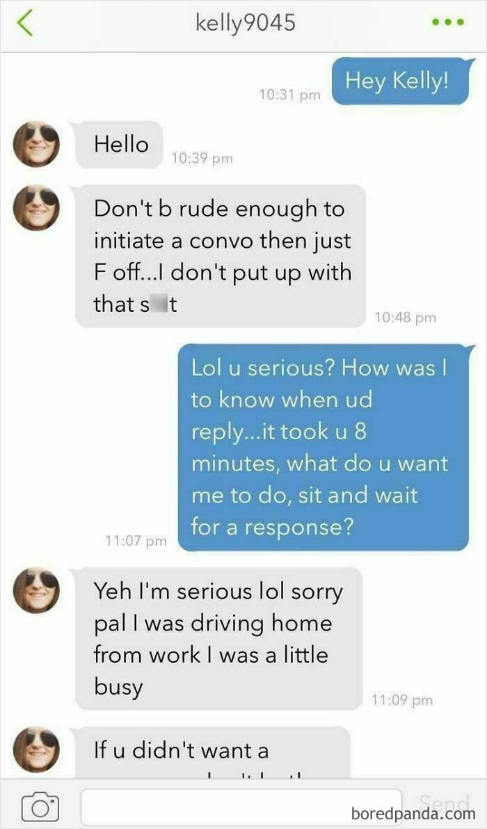 "Text exchange between two people with one person expressing frustration over delayed replies, highlighting expectations."