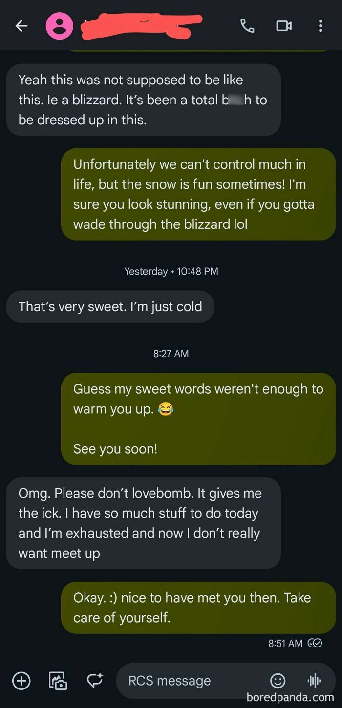 Text exchange showcasing delulu women needing a reality check, discussing snow and relationship boundaries.