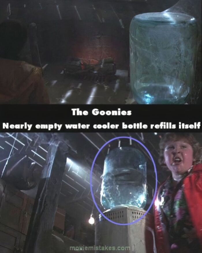 Funny movie mistake: Refilled water cooler bottle in "The Goonies" scene.