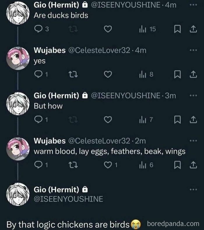 A humorous exchange about ducks and birds in a Twitter thread, showcasing one of 2024's dumbest posts.