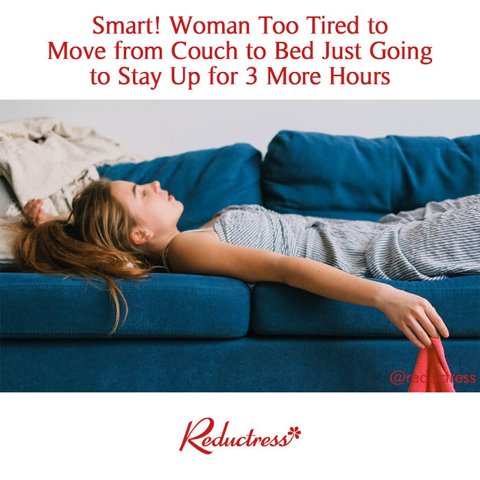 Woman lying exhausted on a blue couch, illustrating funny fake article headlines from Reductress online magazine.